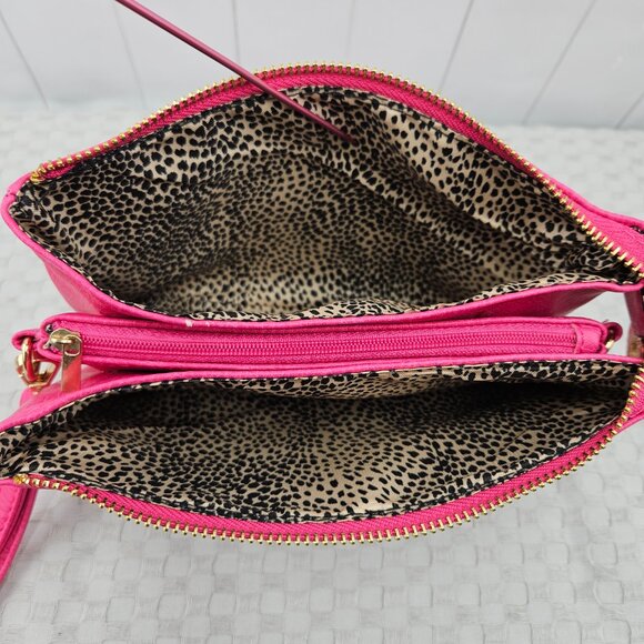 Crossbody Pink Cherry Vegan Leather Leopard Print Lining Purse Clutch Wristlet - Picture 5 of 9